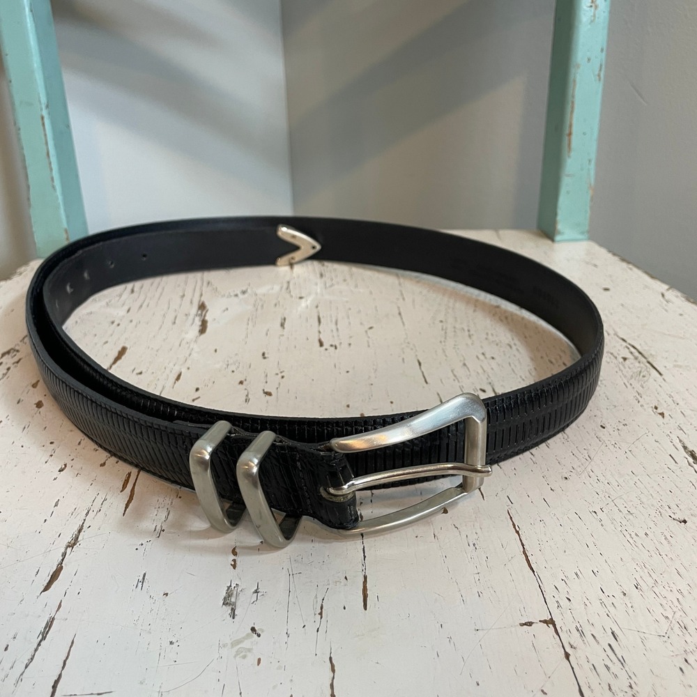 Mens Black Lizard Grain Leather Western Belt Silver Hardware Made in USA 44